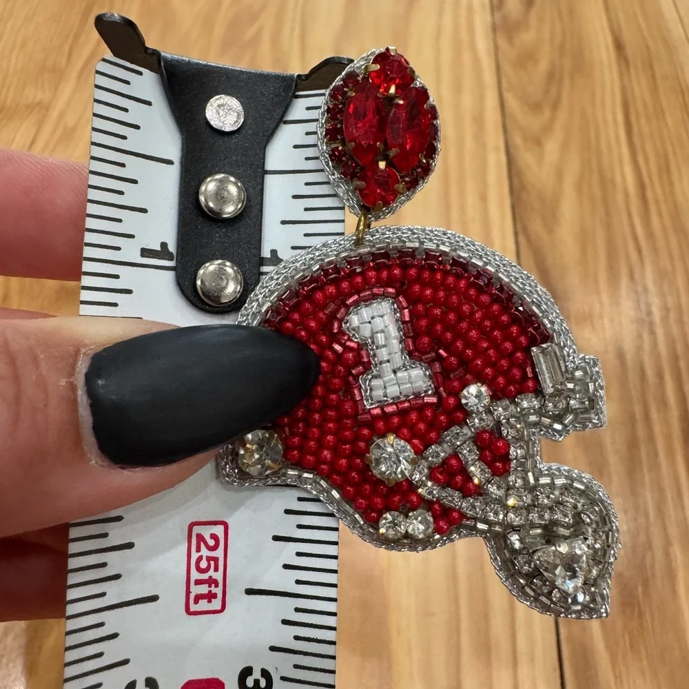 Taylor Shaye Red and Silver Beaded Football Helmet Earrings worn 1x - Picture 7 of 7